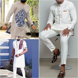 Costumes pour hommes Kaftan Summer Costume pour hommes Col rond à manches longues Top Pantalon Africain Mâle Tenue traditionnelle Style national 2pcs Ensembles de vêtements 230928