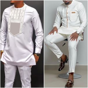 Survêtements pour hommes Caftan Été Costume pour hommes Col rond Haut à manches longues Pantalon Homme africain Tenue traditionnelle Style national 2PCS Ensembles de vêtements 230717