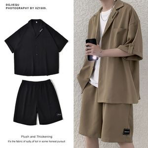 Survêtements pour hommes coréen ensemble costume veste et shorts solide mince manches courtes haut correspondant bas mode d'été surdimensionné homme vêtements 230421