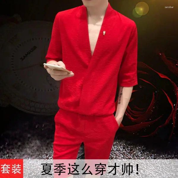 Survêtements pour hommes Style coréen Lin Costume décontracté Summer Guy Slim Mince T-shirt à manches courtes Deux pièces