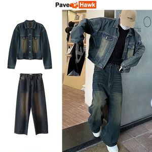 Survêtements pour hommes Style coréen Veste masculine Ensemble Denim Couleur Solid Couleur Manteau à revers Large Jambe Droite Jeans Mens Casual Lâche Deux Pièces Costume Unisexe 230919