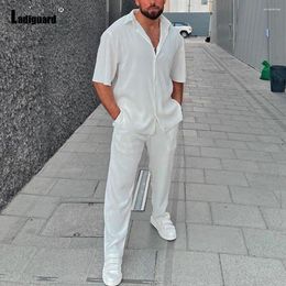Tracksuits voor heren Ladiguard 2024 Men Casual Beach Tweedelige sets Wit ingekeepte blouse en elastische taille broekpak mannelijke standpocket