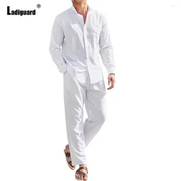 Les survêtements masculins Ladiguard Plus Taille pour hommes en lin décontracté en deux pièces 2024 Europe Style Tops de base et pantalons blancs