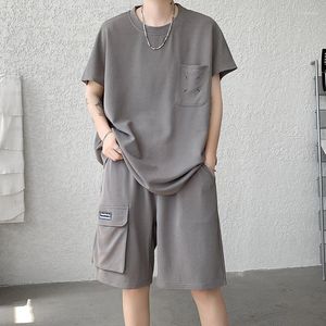 Survêtements pour hommes grandes poches hommes ensembles courts été vêtements décontractés mode manches Baggy T-shirts costume pour unisexe coréen mâle Streetwear