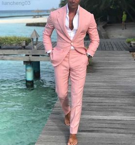 Survêtements pour hommes Dernières conceptions de pantalons de manteau Summer Beach Costumes pour hommes Costumes roses pour bal de mariage Slim Fit Groom Best Men Male Suit 2 Pieces W0329