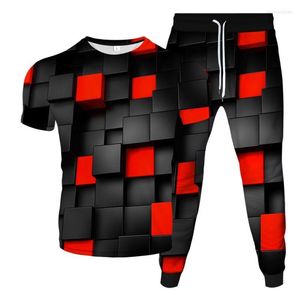 Chándales de los hombres Enrejado Rojo Negro Cubo mágico colorido Impreso Hombres Mujeres Moda Chándal 3D Camiseta Pantalones 2 piezas Conjunto Ropa casual de verano