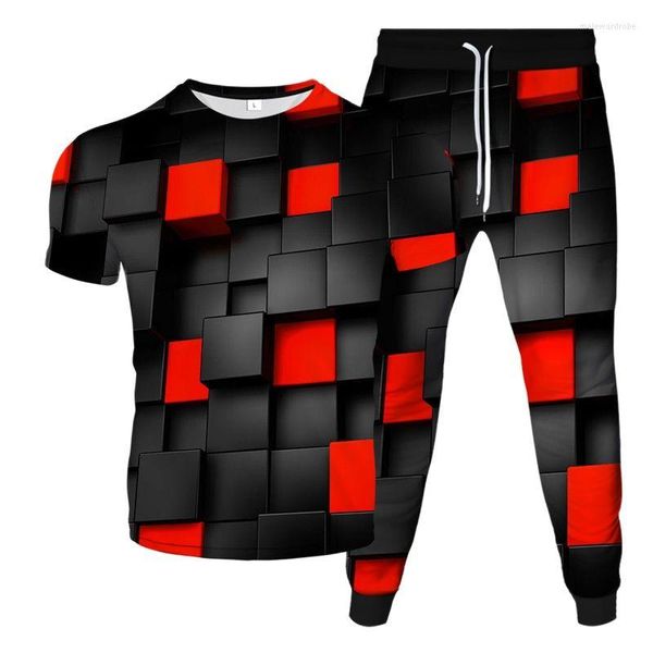 Survêtements pour hommes Treillis Rouge Noir Coloré Cube Magique Imprimé Hommes Femmes Mode 3D Survêtement T-Shirt Pantalon 2 Pcs Ensemble D'été Vêtements Décontractés