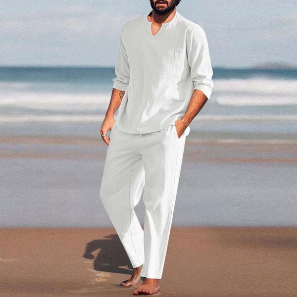 Chándales de los hombres Conjunto de lino de algodón de ocio Camisa henley de color puro Camisas de manga larga Pantalones de playa casuales Trajes de verano Yo-ga Traje delgado Hombre