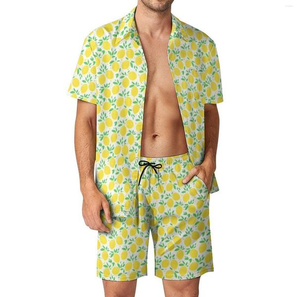 Chándales de hombre Estampado de limón y hojas Conjuntos de hombres Patrón de frutas Pantalones cortos casuales Verano Vintage Camisa de playa Conjunto de manga corta Traje de gran tamaño personalizado