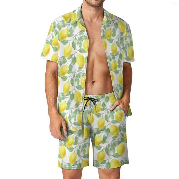 Chándales para hombres Lemon Tree Conjuntos para hombres Flor Estampado floral Pantalones cortos casuales Moda de verano Ropa de playa Conjunto de camisa Patrón de manga corta Traje de gran tamaño