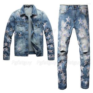 Tracksuits voor heren lichtblauw gescheurde gaten heren sets lente herfst ster patch lange mouw denim jas en stretch skinny jeans tweedelig