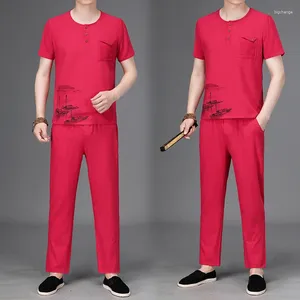 Survêtements pour hommes Lin Coton T-shirt Ensemble Style Chinois À Manches Courtes Pantalon De Sport 2 Pièces Ensembles D'été Hommes Survêtement Costume Solide