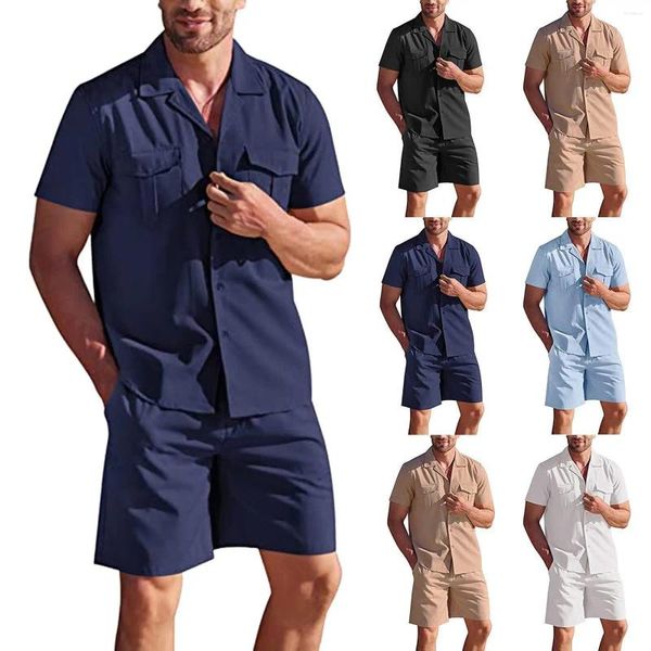 Chándales para hombre Conjunto de camisa de manga corta de lino Cárdigan de algodón informal suelto Pantalones cortos Conjuntos de traje de safari para hombre Solapa azul marino Ropa de playa de verano