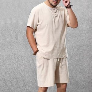 Conjunto de chándal de lino para hombre, camiseta corta, chándal de talla grande, pista de cierre de verano, conjunto de 2 piezas de algodón dulce, estilo chino