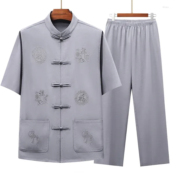 Chándal para hombres Lino Tang Suit de estilo chino Sets Shorts Shorts Tai Chi Camisa de estampado de manga corta Pantalones 2 piezas