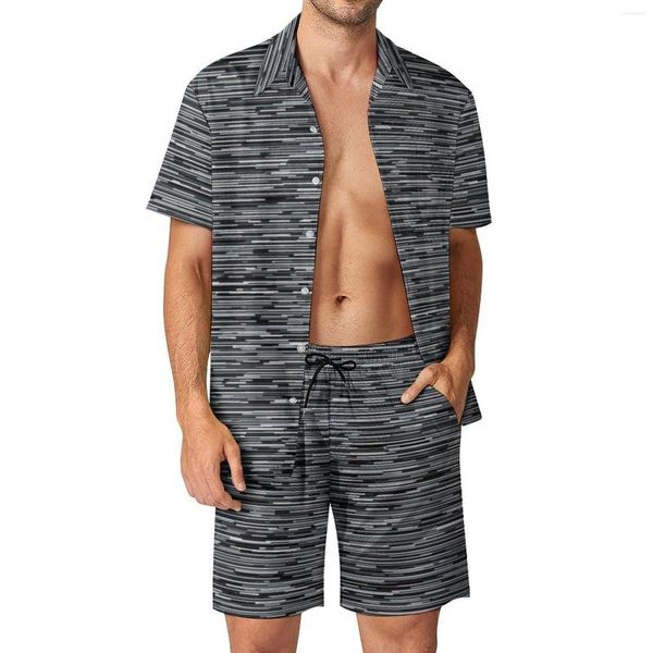 Chándales para hombres Conjuntos para hombres con estampado de líneas Pantalones cortos casuales en blanco y negro Conjunto de camisa de playa retro de verano Traje de gran tamaño estampado de manga corta Regalo