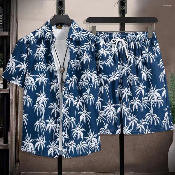 Suits-survêtement masculins en vrac Men tenue d'été Summer Casual Coconut Tree Print Short Shorts avec une taille à cordon élastique simple poitrine pour un