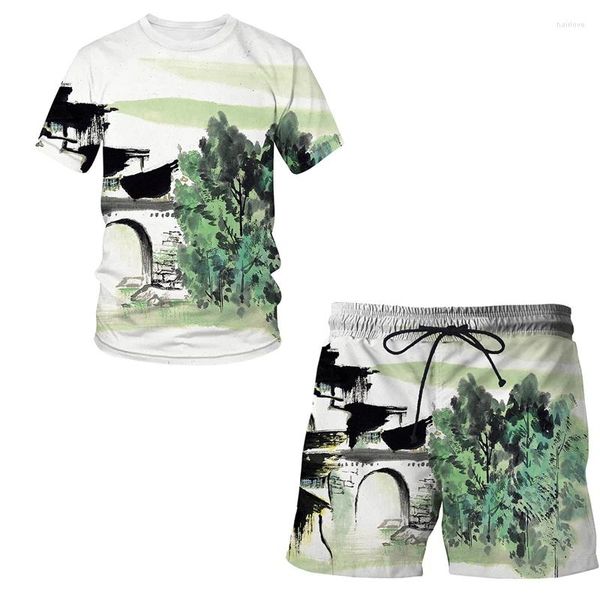 Camiseta para hombres, camiseta 3d, estampado casual, camiseta casual, pintura de cepillo chino manga corta de cuello redondo hip hop hombre mujer pantalón corto