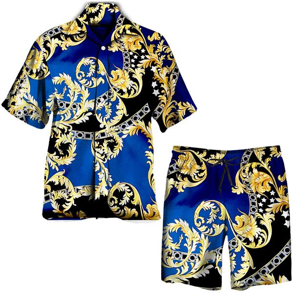 Survêtements pour hommes Luxe Golden Floral Print Ensemble hawaïen pour hommes Chemise à revers à manches courtes / Short de plage / Costume Style baroque Vêtements d'été 230810