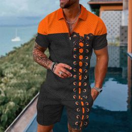 Chándales de los hombres Polo de lujo Traje de 2 piezas Verano de los hombres Impresión 3D Hombre Moda Hawaiian Beach Vacation Conjunto de chándal de manga corta 230621