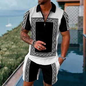 Tracksuits voor heren luxe retro polo shirts set zomerse heren polo shirt shorts 2 stuks sets 3d geprinte treelted kraag tracksuit casual strandpak t240217