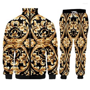 Parcours masculins Luxury Tracksuit Men 3D Print Golden Match Baroque Veste à collier de stand-up masculin Sweat-shirt