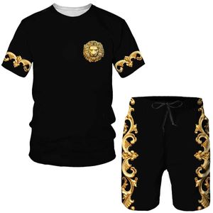Tracksuits voor heren luxe vintage Royal Golden Chain Summer Mens Sets 3D Print Brand Short Slve T-shirt shorts 2-delige pak Casual Men kleding T240505