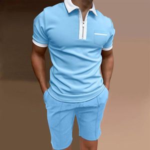 Survêtements pour hommes Mâle Casual Poche solide Deux pièces Costume Collier à fermeture à glissière à manches courtes Top Blouse Light Blue Sweat Hommes Sport Manteau MenMen's