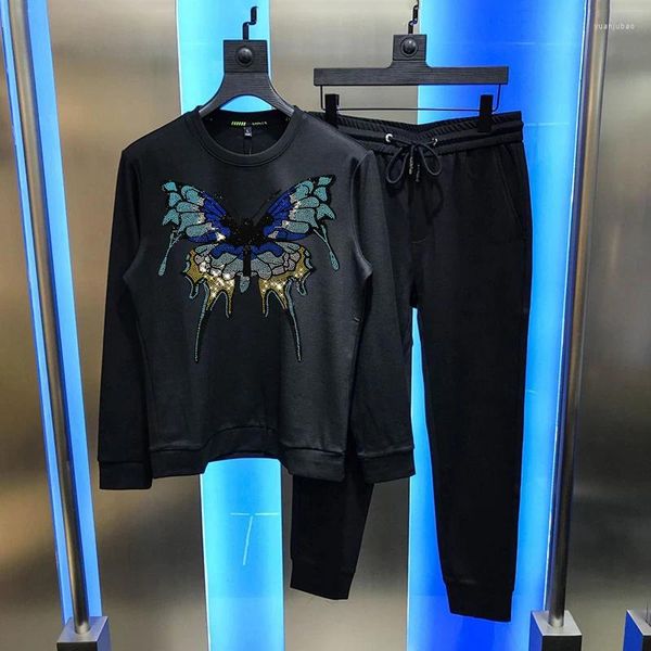 Chándales para hombre, sudadera con capucha de gran tamaño para hombre, tela de algodón, artesanía de diamantes, mariposa brillante, conjuntos de invierno Harajuku, sudadera y pantalones