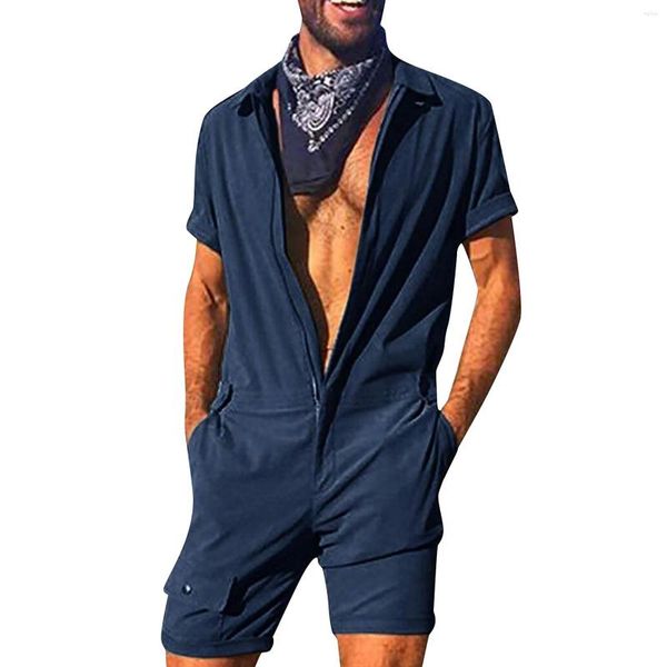 Survêtements pour hommes combinaison courte pour hommes hommes manches fermeture éclair combinaison de travail de base lâche Cargo salopette solide décontracté Joggers rue 2023