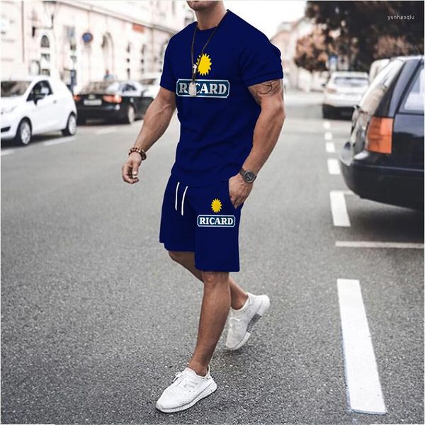 Chándales de hombre Traje de hombre Conjuntos de camiseta de moda de verano Impreso en 3D Francia Ricard Casual Camiseta de gran tamaño Pantalones cortos Conjunto de dos piezas Ropa deportiva