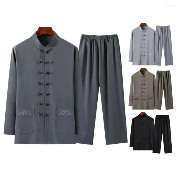 Survêtements pour hommes Hommes 2 pièces Sportswear Set Costume Tang chinois traditionnel pour chemise à col montant d'âge moyen Pantalon à jambe large Soft Solid