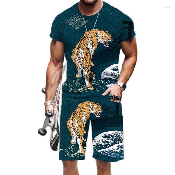 Hommes Survêtements Hommes 2023 Printemps Et Été Polyester Matériel Drôle 3D Animal Motif Imprimer Costume Col Rond À Manches Courtes Chemise Casual