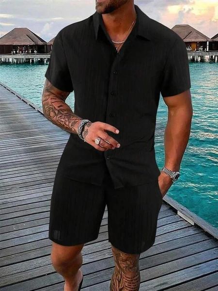 Chándales para hombres Hombres 2 unids Conjuntos Verano Impresión 3D Casual Color Sólido Raya Traje Camisa Playa Botón Shorts Streetwear Vacaciones Dos piezas