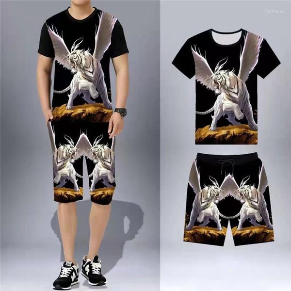 Survêtements pour hommes 2023 Costume décontracté Tendance estivale Impression 3D T-shirt à manches courtes et col rond Short Deux pièces Doux et confortable