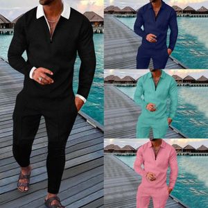 Tracksuits voor heren heren Casual pak 2022 Street Fashion Solid Color Simple Zipper Rapel Lange mouwen Polo Shirt Trousers 2-delige set