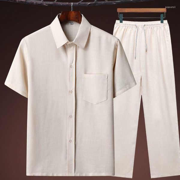 Chándales para hombre, ropa para hombre, chándal de talla grande para marido, traje de verano 2023, camisa de lino, conjunto de moda para hombre, estilo chino, dos piezas