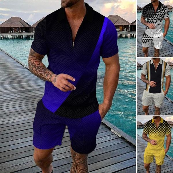 Chándales de hombre Traje de hombre Costura de color 3D Estampado de verano Camisa de manga corta Pantalones cortos Moda Cremallera Conjunto de dos piezas SportsweaMen's Men'sM