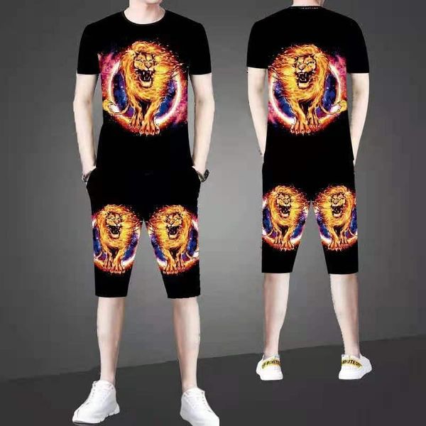 Chándales para hombre Traje de verano para hombre Estampado de tigre Camiseta de manga corta Pantalones cortos con cintura elástica Traje de dos piezas informal para jóvenes y mediana edad