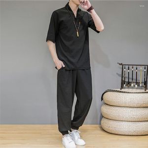 Survêtements pour hommes costume en lin mince pour hommes été chinois ample grand coton et 2 pièces/ensemble de pantalons à manches courtes