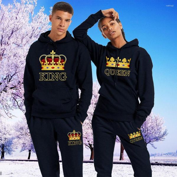 Survêtements pour hommes Hommes et femmes Lover Couples Sportwear Set Crown Imprimer Sweat à capuche SweatPantalon Costume Sweat à capuche Pantalon Streetwear