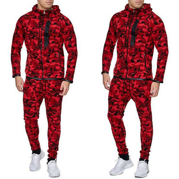 Chándales para hombres Hombres Camuflaje Conjunto de chándal Conjunto de manga larga con cremallera Sudadera con capucha Tops Pantalones Jogger Ropa deportiva Negro Azul Verde Rojo White317U