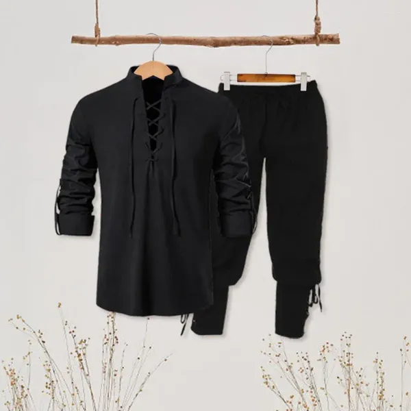 Suisses de survêtement masculines chemises Henley décontractées Renaissance Pantalon de style viking médiéval avec col debout à lacets