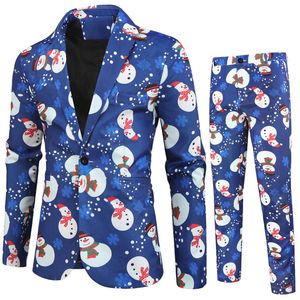 Chándales para hombre, traje con estampado de nieve navideña para hombre, chaqueta de manga larga con solapa de botón a la moda de dos piezas, pantalones informales, trajes de 2 piezas