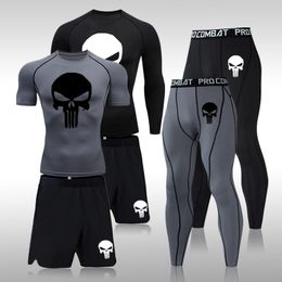 Chándales para hombres Conjunto de compresión para hombres MMA Camiseta de manga larga o corta Pantalones ajustados para hombres Fitness Ropa de culturismo Skull Rashguard Trajes deportivos 230825