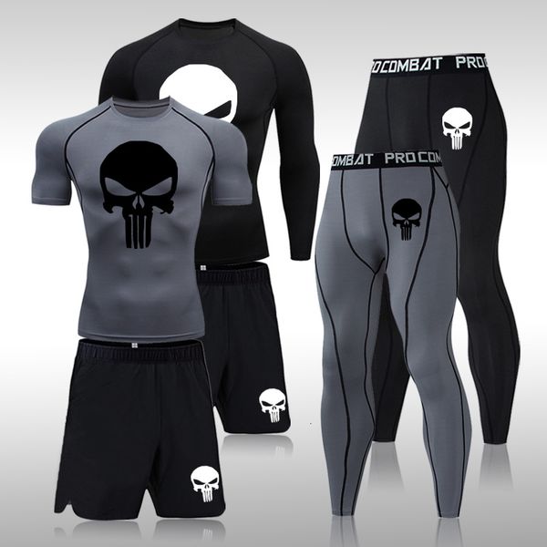 Survêtements pour hommes Ensemble de compression pour hommes MMA T-shirt à manches longues ou courtes Pantalons serrés pour hommes Fitness Bodybuilding Vêtements Skull Rashguard Sports Suits 230607