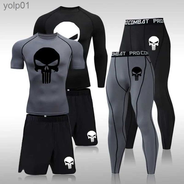 Chándales para hombres Conjunto de compresión para hombres MMA Camiseta de manga larga o corta Pantalones ajustados para hombres Fitness Ropa de culturismo Skull Rashguard Trajes deportivos L231016