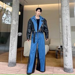 Costumes pour hommes Hommes Denim Splice Cuir Coréen Streetwear Court Moto Veste Large Jambe Baggy Pantalon 2 Pièces Costumes Ensembles Mâle