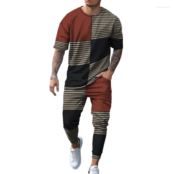 Survêtements pour hommes Hommes Mode Survêtement Coloré Stripe Plaid 3D Imprimer Vêtements Costume T-shirt Jogging Pantalon Long Deux Pièces Ensembles Plus Taille