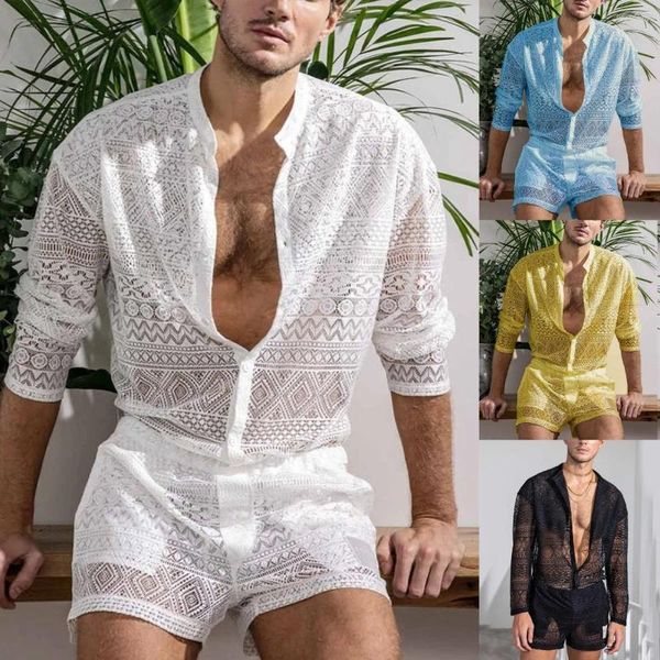 Survêtements pour hommes Hommes Creux Out Mesh Respirant Costume Sport d'été Cardigan à poitrine unique Tops Mâle Set Splice Pocket Loose Taille Lace-up
